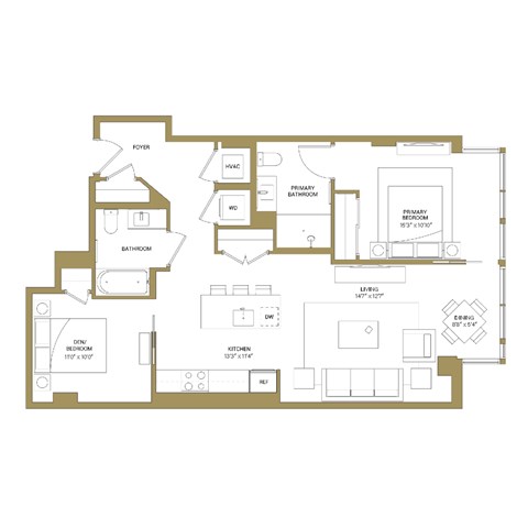 A floor plan of a house with a primary bedroom, a primary bathroom, a den, a kitchen, and a living room.